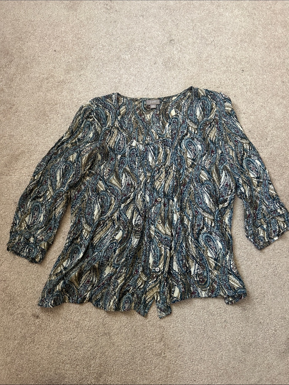J. Jill Teal and Cream Paisley Button-Front Blouse